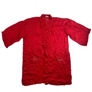Vintage Peacock Red Silk Kimono Robe Embroidered Phoenix Floral Scene Size‎ XL